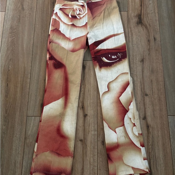 rave Pants - Insane Vintage Y2K Eyes Rose Face Glitter Print Graphic Pants by Rave